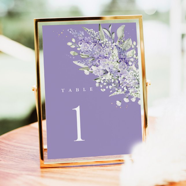 Lavender Wedding Table Numbers, Sage Green Floral (Lavender sage green wedding table number card with watercolor florals, elegant reception table decor)