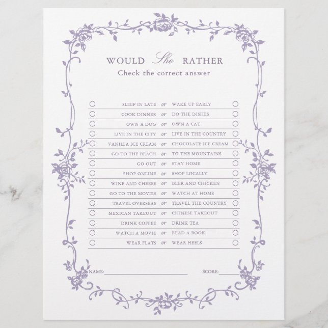 Lavender 'Would She Rather' Bridal Shower Game (Frente)