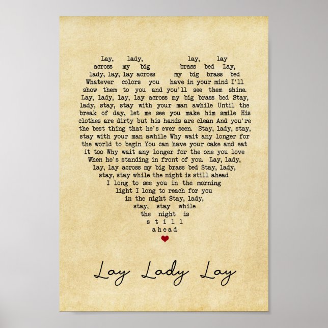 Lay Lady Lay Vintage Heart Song Lyric Impressão (Frente)