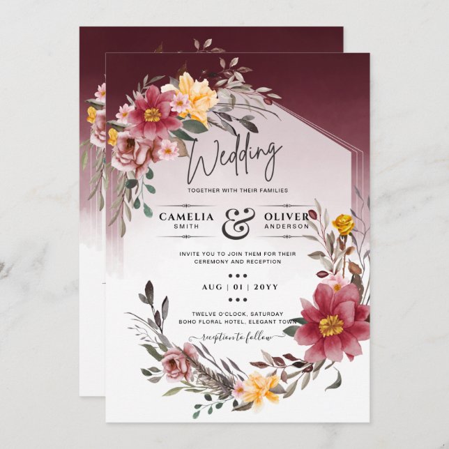 Leah G Burgundy Convite de casamento Floral Amarel (Frente/Verso)