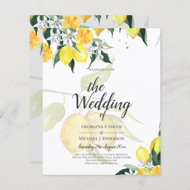 Leah G Citrus Yellow Lemons Convites de casamento (Frente/Verso)