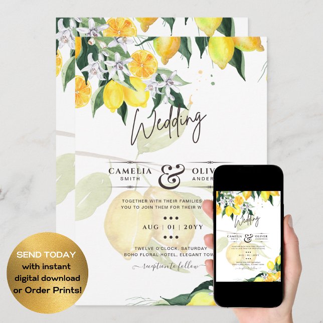 Leah G Citrus Yellow Lemons Convites de casamento (Criador carregado)