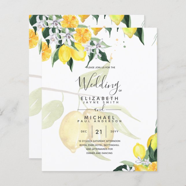 Leah G Citrus Yellow Lemons Convites de casamento (Frente/Verso)