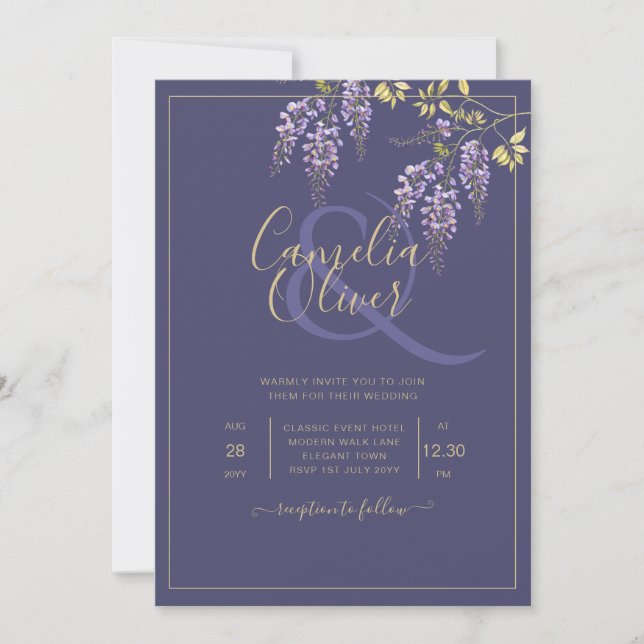 Leah G Dourado Roxo WISTERIA Convite de casamento  (Frente)