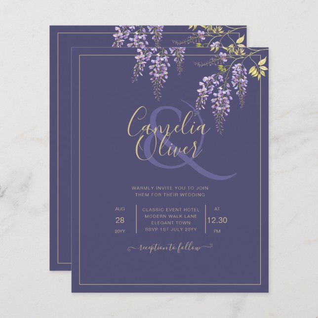 Leah G Dourado Roxo WISTERIA Convite de casamento  (Frente/Verso)