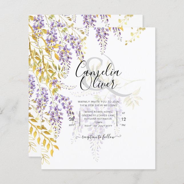 Leah G Dourado Roxo WISTERIA Convite de casamento  (Frente/Verso)