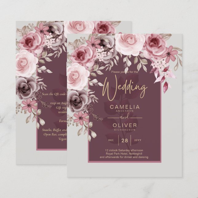 LeahG Burgundy Blush Pink Roses Casamento outono I (Frente/Verso)
