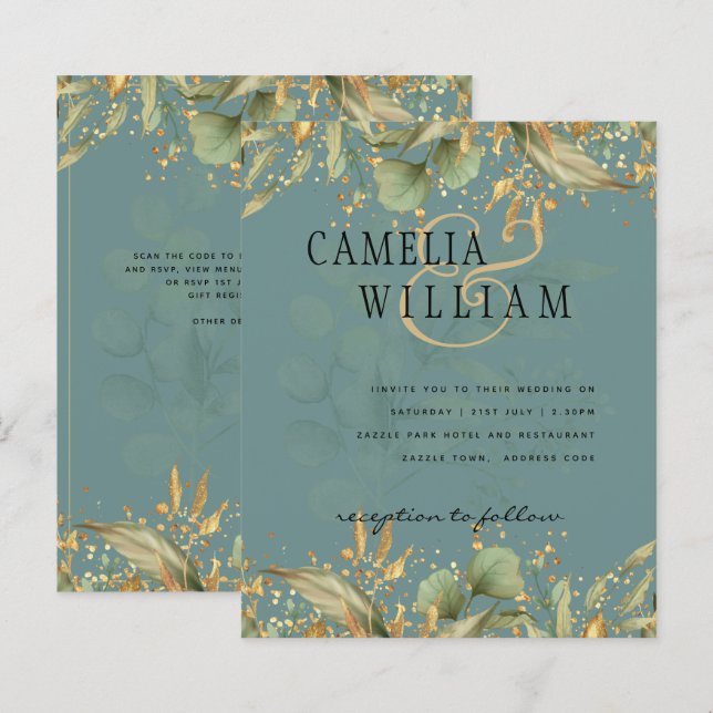LeahG Greenery deixa Convite de casamento Dourado  (Frente/Verso)