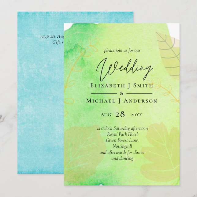 LeahG Orçamento Casamento Watercolor Teal Verde Az (Frente/Verso)