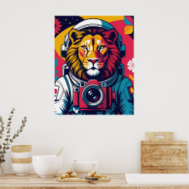 Leão Cósmico – Poster de Capacete de Astronauta |