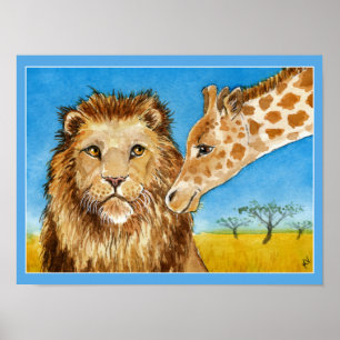 Leão, girafa, poster africano dos animais