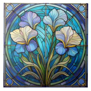 Left Floral Iris Art Nouveau Blue Green Retro