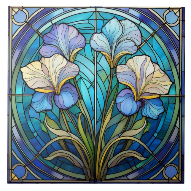 Left Floral Iris Art Nouveau Blue Green Retro (Frente)