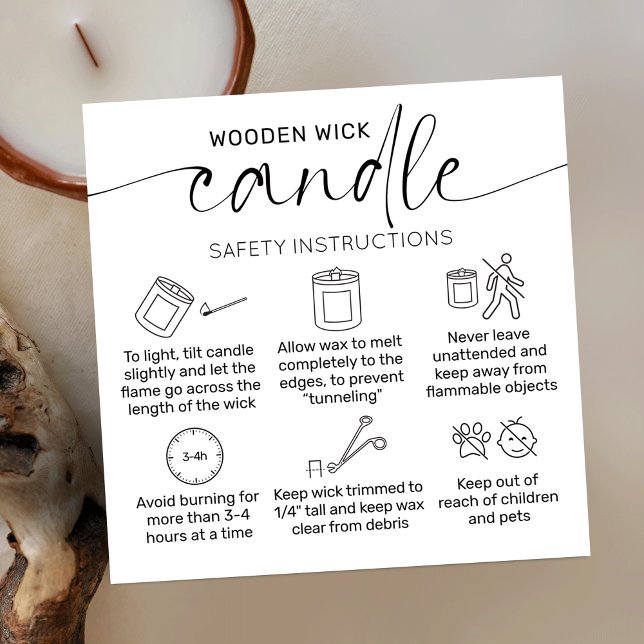 Legenda do Cartões de agradecimentos de Atenção à  (Wooden wick candle care instructions cards with icons, elegant script font and minimalist aesthetic)