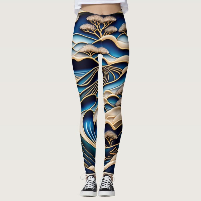 LEGGING ビンテージな日本の浮世絵北斎イズムとローファイアートが融合した着物柄のレギンス (Frente)