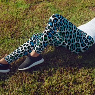 LEGGING 青と緑のヒョウ柄レギンスハイウェストカプリ