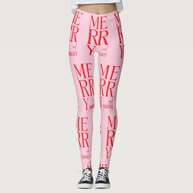 Legging 2025 Modern Merry and Bright Red Pink Christmas (Frente)