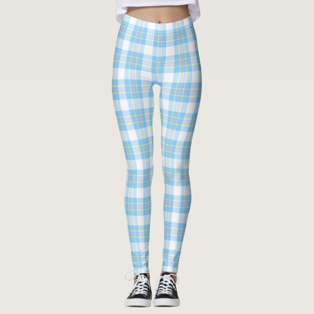 Legging 2 Camadas - Xadrez Azul Céu Rosa DIY BG Branco (Frente)