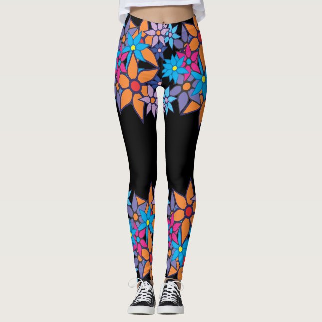 Legging #2 floral azul cor-de-rosa alaranjado (Frente)