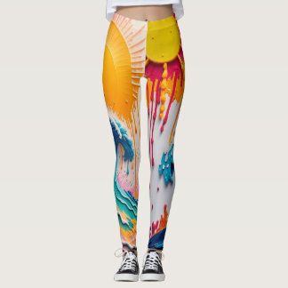 Legging 3D Textured Tropical Wave & Sun Abstract Impasto