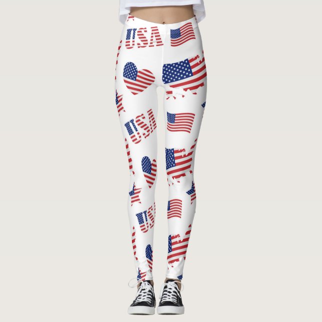 Legging 4 de julho EUA Flag Heart Red Blue White (Frente)