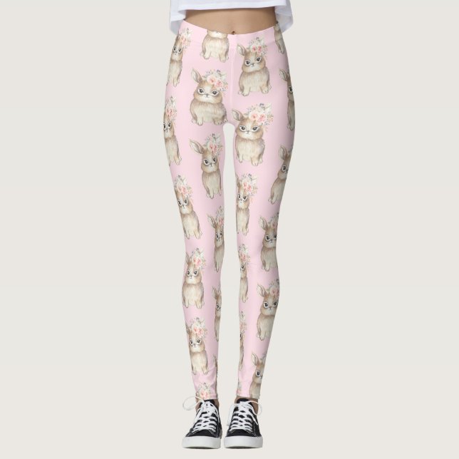 Legging A aguarela floral feminino do coelho de coelho (Frente)