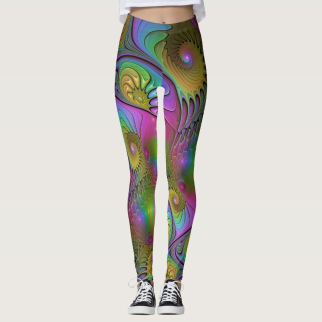 Legging A Arte Fractal Abstrata Moderna Luminosa Colorida (Frente)