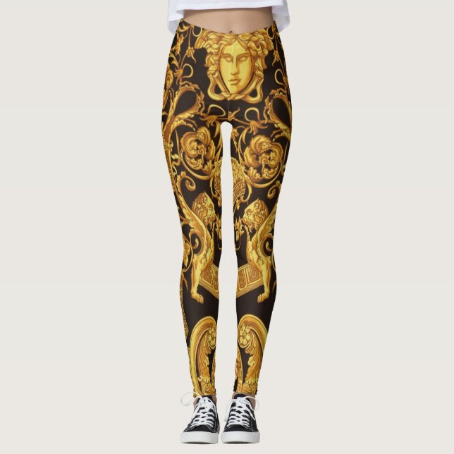 Legging a Górgona Medusa Dourada com Arabescos (Frente)