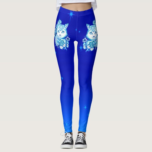 Legging A ioga azul de Athleisure do gato de 10 máscaras (Frente)