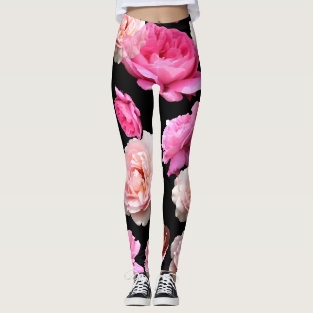 Legging A ioga preta de Athleisure dos rosas cor-de-rosa (Frente)