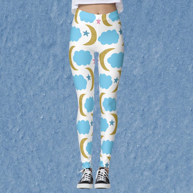 Legging A Nuvem da Lua Stars Faux Dourado Padrão de Litera (A pair of leggings with gold moons, blue clouds and pink stars!)