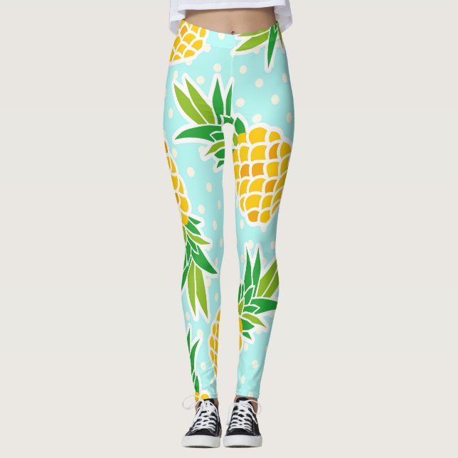Legging Abacaxis Exóticos: Diversão Polka-Ponto Azul. (Frente)
