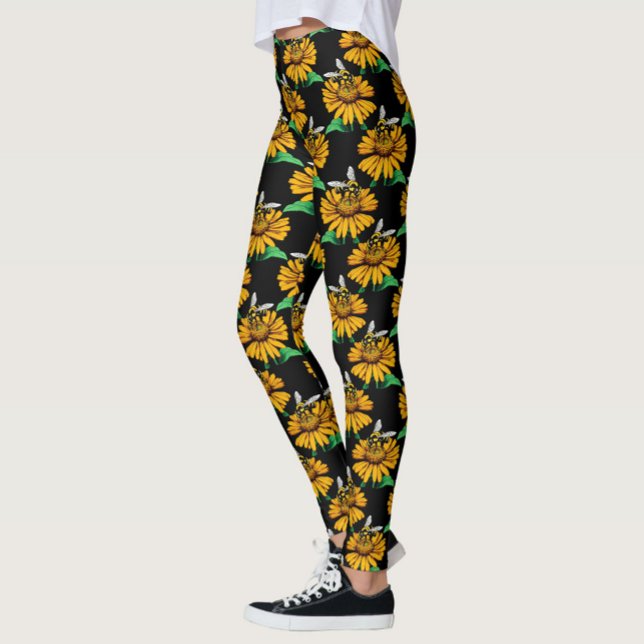 Legging Abelha sobre Flor de Girassol Design Preto (Criador carregado)
