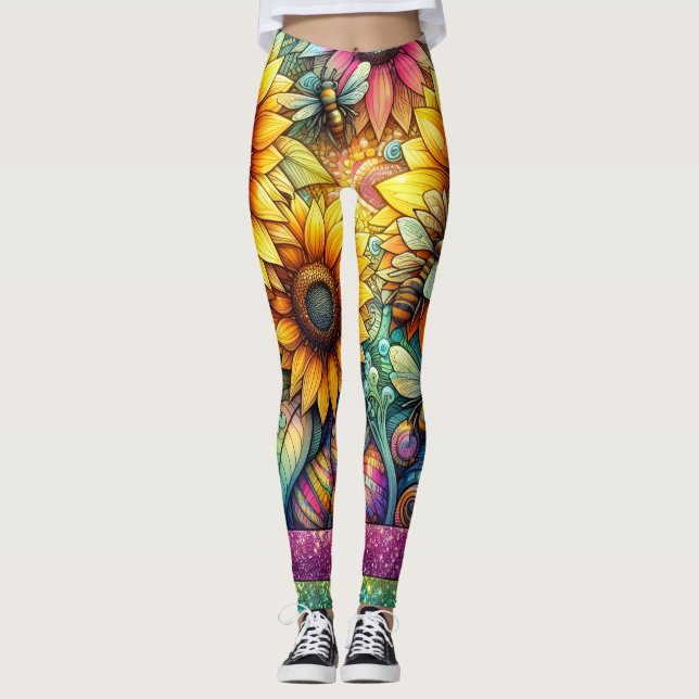 Legging abelhas girassóis florescem, Jardim Boho (Frente)