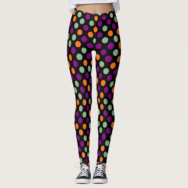Legging Abóbora, Bolinhas de cor roxa, verde e preta (Frente)