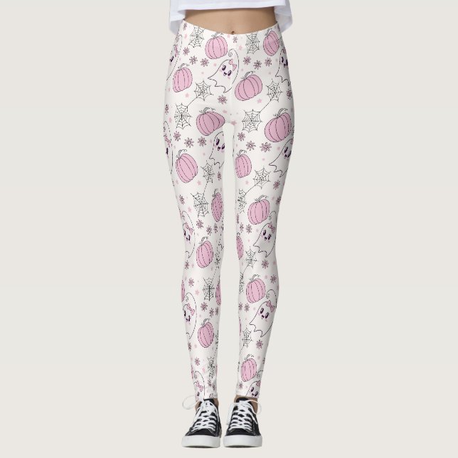 Legging Abóbora Rosa Fofa Padrão de Halloween (Frente)