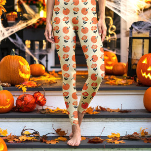 Legging Abóboras Vintage Creme e Flores Halloween