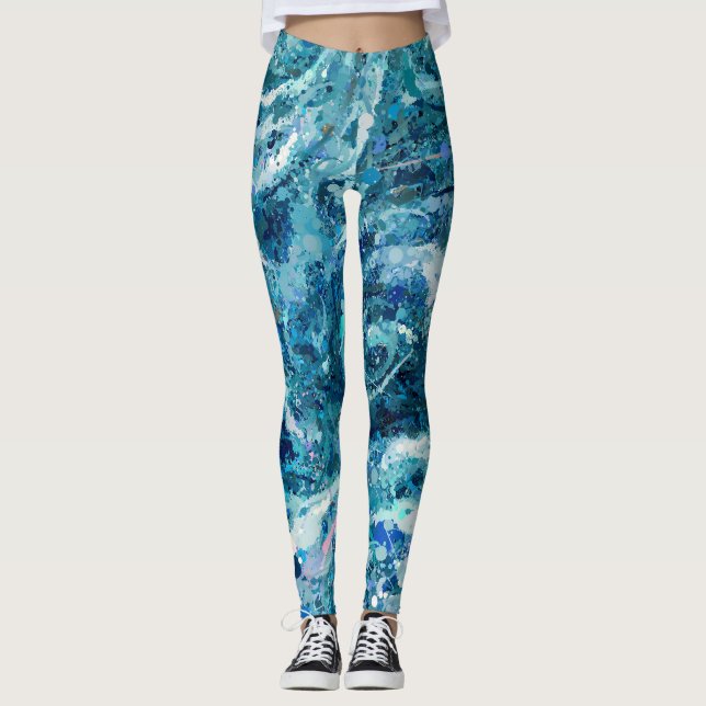 Legging Abstração das Ondas do Mar Branco Azul (Frente)