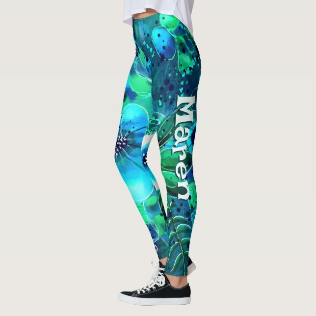 Legging Abstract Floral Teal Blue Green Personalized (Esquerda)