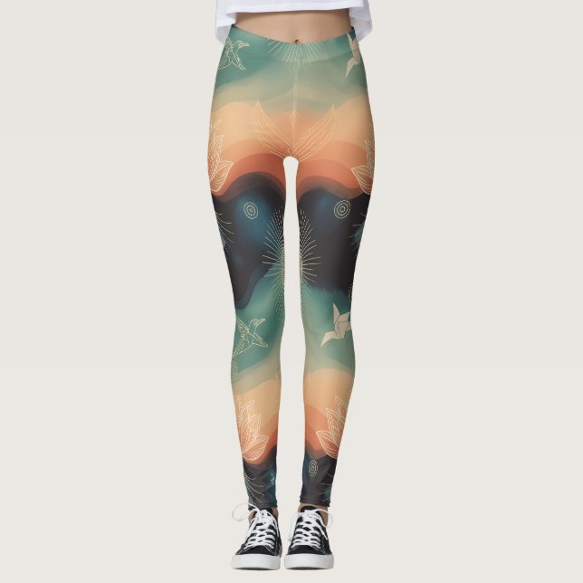 Legging Abstract Nature: Minimalist Lotus & Bird Design (Frente)