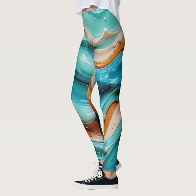 Legging Abstract Swirling Teal and Orange Glossy Fluid  (Esquerda)