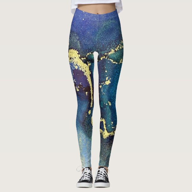 Legging Abstrato Alcool Tinta Azul Azul Aqua Dourada Roxo (Frente)