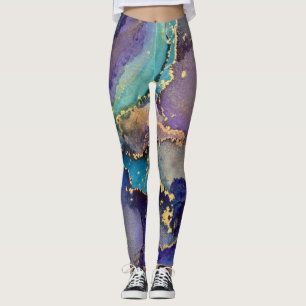 Legging Abstrato Álcool Tinta Azul Roxo Púrpura e Dourado