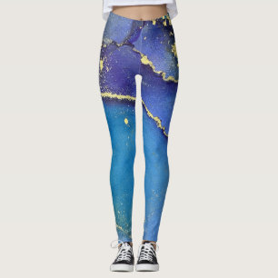 Legging Abstrato Álcool Tinta Azul Roxo Púrpura e Dourado