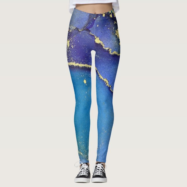 Legging Abstrato Álcool Tinta Azul Roxo Púrpura e Dourado (Frente)