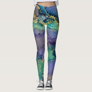 Legging Abstrato Alcool Tinta Azul Roxo Verde e Dourado