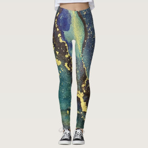Legging Abstrato Alcool Tinta de Arte Roxo Azul Dourado