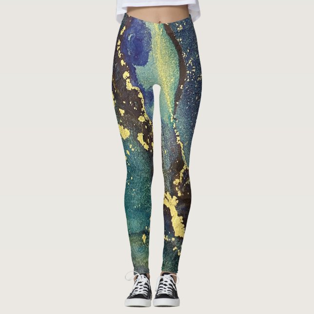 Legging Abstrato Alcool Tinta de Arte Roxo Azul Dourado (Frente)