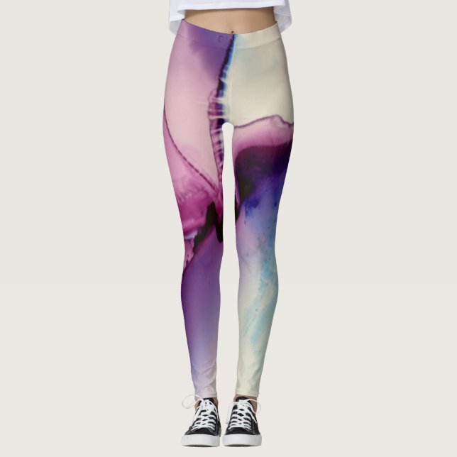 Legging Abstrato Álcool Tinta Rosa Púrpura Azul Branco (Frente)