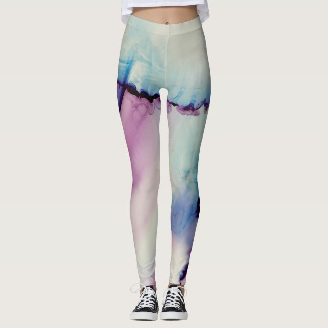 Legging Abstrato Álcool Tinta Rosa Púrpura Azul Branco (Frente)